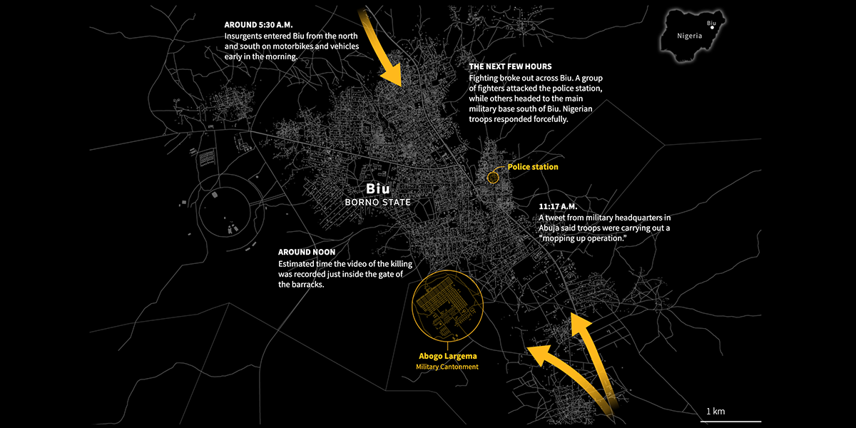 This video analysis collaboration with Bellingcat, a European investigative journalism unit, required sensitive graphical treatment. For the project, I created a map showing the movement of Nigerian insurgents into the town of Biu and an audio player that pinpointed the moments gunshots erupted. Warning: some of the images and videos in the piece are very graphic.